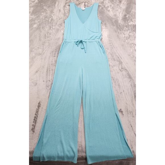 Venus Jumpsuit Womens M Blue Sleeveless Surplice Neck Tie Waist Wide Leg Slit - Picture 1 of 14
